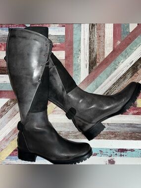 Dusica Dusica Sacks NEW Leather Tall Boots Riding Suede Zipper Grey/Black SZ 7.5